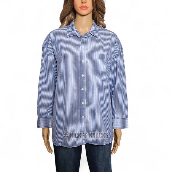 GAP Blue White Striped Linen Blend Oversized Button Down Big Shirt Top Size S - Picture 2 of 9